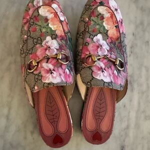 Gucci Pink Floral Mules with Gold Detail